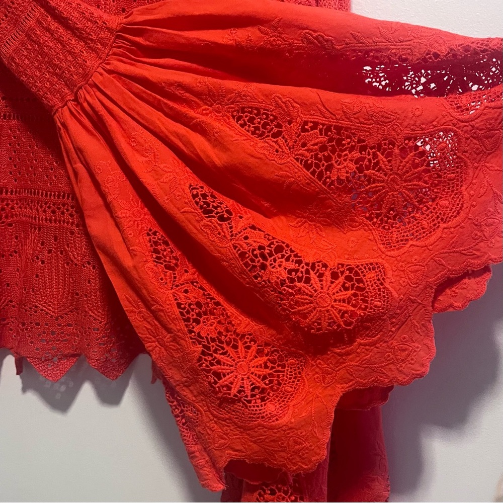 Free People Once Upon A Time Top – Red/Orange Lace Bell Sleeve Blouse - Picture 8 of 15